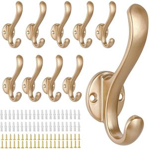 10 Pack Coat Hooks Wall Mount Heavy Duty Utility Retro Double Hooks for Hanging Coats,Hat, Towel, Key, Robe, Scarf, Bag, Cap (Gold)