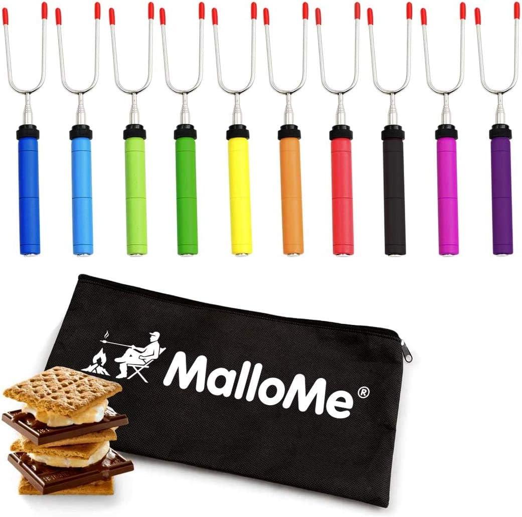 MalloMe Smores Sticks for Fire Pit-Rotating 34 inch Marshmallow Roasting Sticks Smores Kit Outdoor -Accessories for Campfire- Smore Skewers Hot Dog Fork, Camping Essentials Bonfire Gear Long (10 Pack)