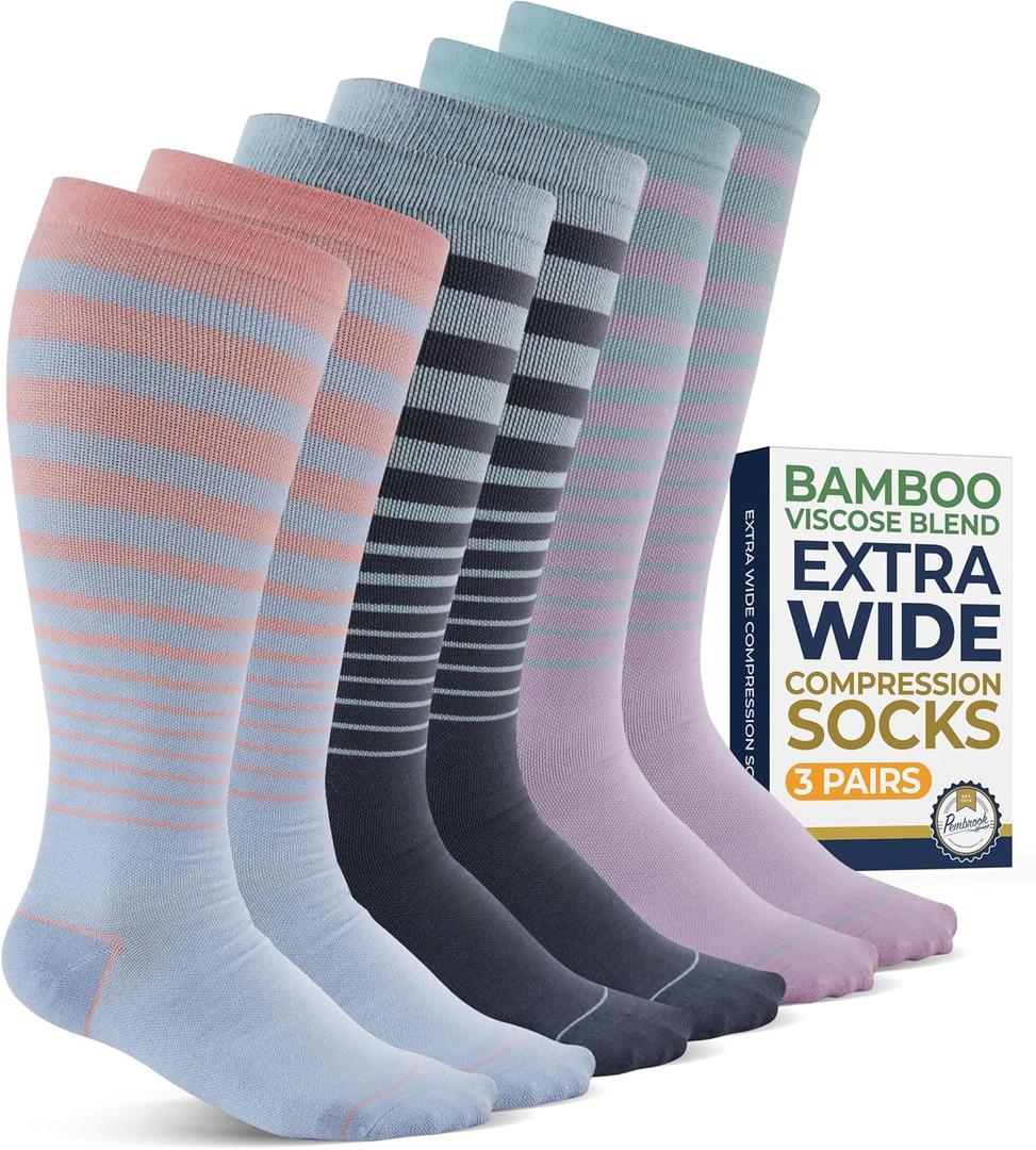 Pembrook 3 Pairs Plus Size Compression Socks Wide Calf - 15-20 mmHg Bamboo Viscosefor Women Plus Size Socks for Women Wide Calf Compression Pastel Stripes