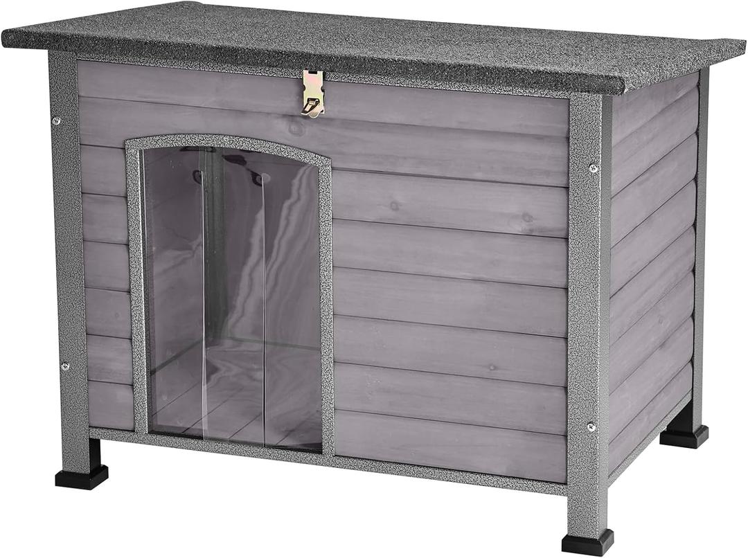 Suumerpety Indoor Outdoor Dog House,Anti-Chewing Iron Frame Dog Kennel,Wood Warm Pets Home,Weatherproof Outside Shelter for Feral Animal 33.5" (L) X 22" (W) X 25.2" (H) Grey