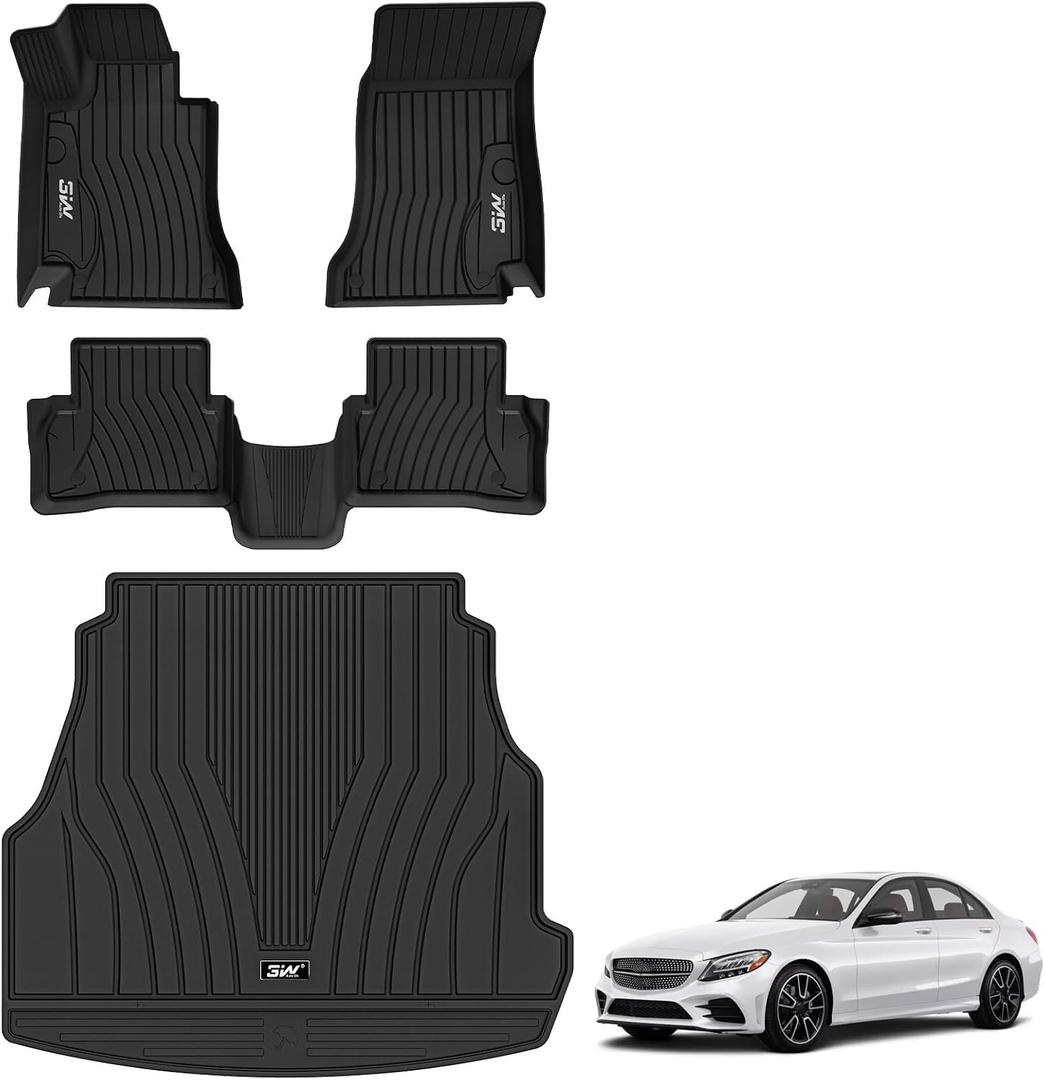 3W Floor Mats & Cargo Liner for Mercedes Benz C-Class 2022-2025 2026 C300/C43 AMG/C63 AMG S E (Fit Sedan Only), TPE All Weather 1st & 2nd Row Set Floor Liner for Benz C-Class Car Mats