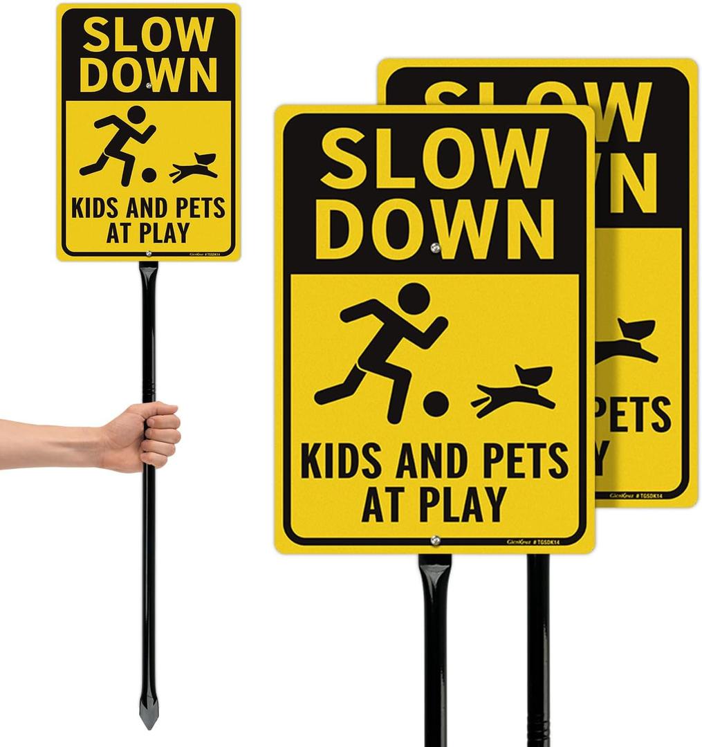 GicnKeuz Slow Down Kids At Play Sign - 14"x10" Kids And Pets At Play Safety Signs with 36" Heavy Duty Metal Stakes, .040 Aluminum Reflective Signs, Fade Resistant/Waterproof, Including Screws, Easy to Install, Outdoor Use (2 Pack)