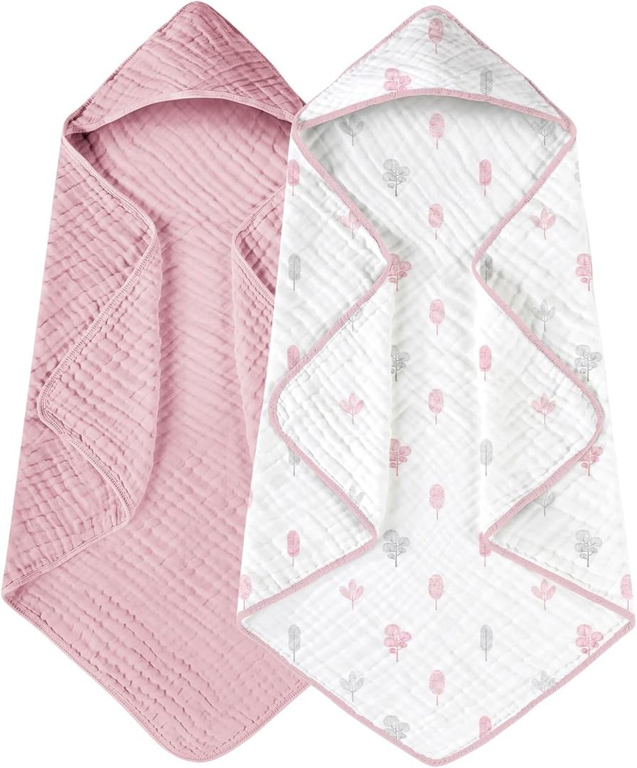 Yoofoss Hooded Baby Towels for Newborn 2 Pack 100% Muslin Organic Cotton Baby Bath Towel with Hood for Babies, Infant, Toddler and Kids, 32x32Inch, Soft and Absorbent Newborn Essential,Pink&Wh Leaf