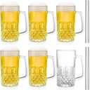 Frcctre 6 Pack 16 Oz Glass Beer Mug, Large Beer Glasses Steins with Handle and Stainless Steel Straws, Crystal Lead-Free Drinking Glasses Water Cups for Beer, Juice, Beverage, Bar