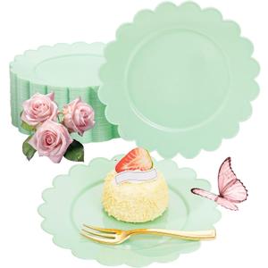 LIYH 200 Pcs Sage Green Plastic Disposable Plates and Gold Forks 7.5 Inch Scalloped Dessert Appetizer Plates, Cake Forks 5" for Wedding Party (200Pcs(100 Guests))