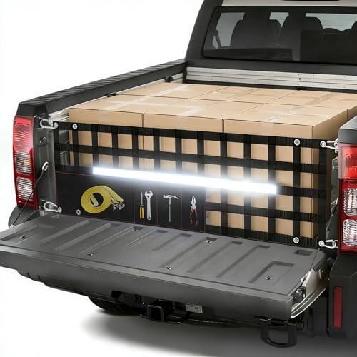 Upgraded 60" W X 18" T Tailgate Net for Pickup Truck Bed Storage with 4 Bags, Cargo Net for Pickup Truck Bed Divider with Reflective Strips, Heavy Duty Cargo Netting for Full Size Trucks 49”-82” Wide