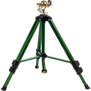 Impact Sprinkler on Tripod Base, Heavy Duty Brass Sprinklers for Yard Lawn Garden, 0-360 Degree Large Area Coverage, 3/4 Inch Connector Extension Legs Flip Locks with Brass Sprinkler Head