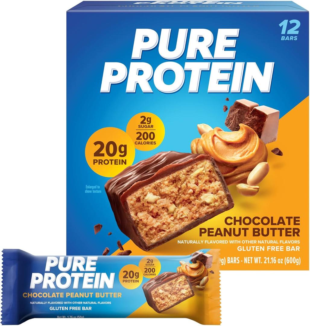 Pure Protein Bars, High Protein, Nutritious Snacks to Support Energy, Low Sugar, Gluten Free, Chocolate Peanut Butter, 1.76oz, 12 Count (Packaging May Vary) (EXP 07/22/26)