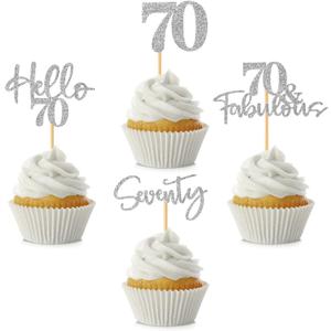 3 x 48Pcs 70th Birthday Cupcake Toppers Glitter Hello 70 Cupcake Topper 70 Fabulous Seventy Cupcake Picks for Happy 70th Birthday Wedding Anniversary Party Cake Decorations Supplies, Silver