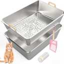 23.6''x16''x8'' Stainless Steel Sifting Cat Litter Box, XL Sifting Litter Box for Pine Pellets, High Sides Metal Litter Box System for Big Cats, Anti-Leakage, Easy Cleaning, Less Tracking