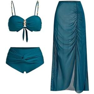 Milumia Women's 3 Piece Bikini Set Metal Decor Twisted Ruched Spaghetti Strap Bathing Suit with Cover Up Skirt Size M