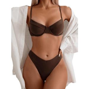 SweatyRocks Women's 2 Piece Bikini Set Spaghetti Strap High Cut Push Up Underwire Swimsuit (Large, Coffee Brown)