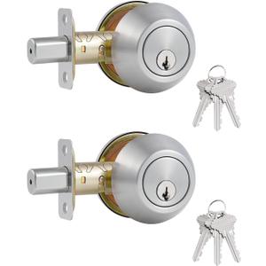 1 Side Keyed Deadbolt Lock,Single Cylinder Dead Bolt, Satin Nickel Round Exterior Keyed Front Entry Inside Door Deadbolt, 2 Pack