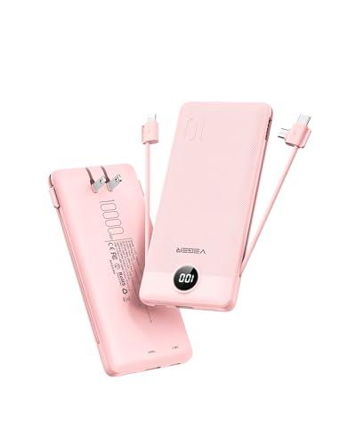 VEGER Portable Charger with Built-in AC Plug and Cables, All in One 10000mAh Ultra Slim Power Bank Travel Essentials, Fast Charging Battery Pack Compatible with iPhone, Samsung, Android (Crepe)