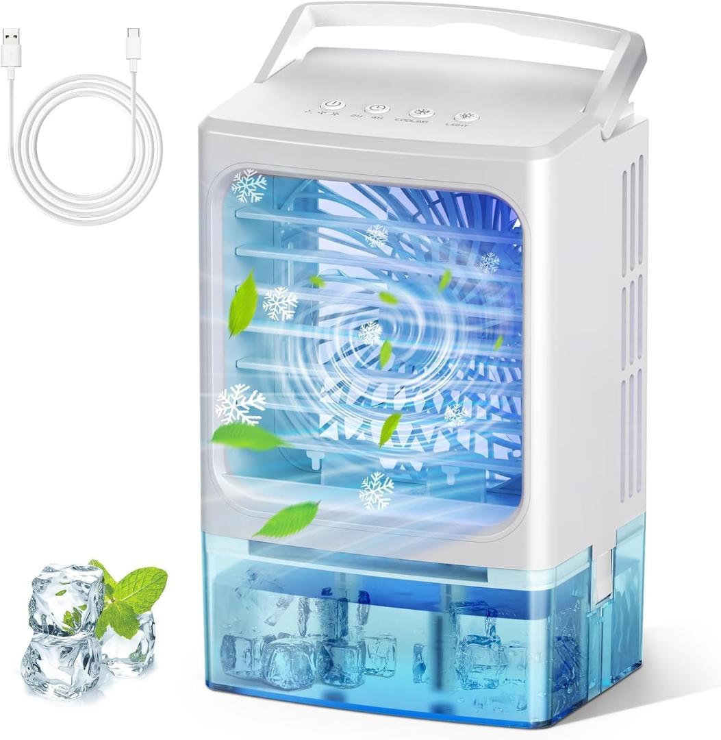 Portable Air Conditioners, 3-In-1 Mini Portable AC Unit 3 Speed with Icy Mist, 900ML Water Tank Cooling Fan with 2/4H Timer 7 Color Lights, Evaporative Cooler Fan for Car Bedrooms Offices Desk Rv Room
