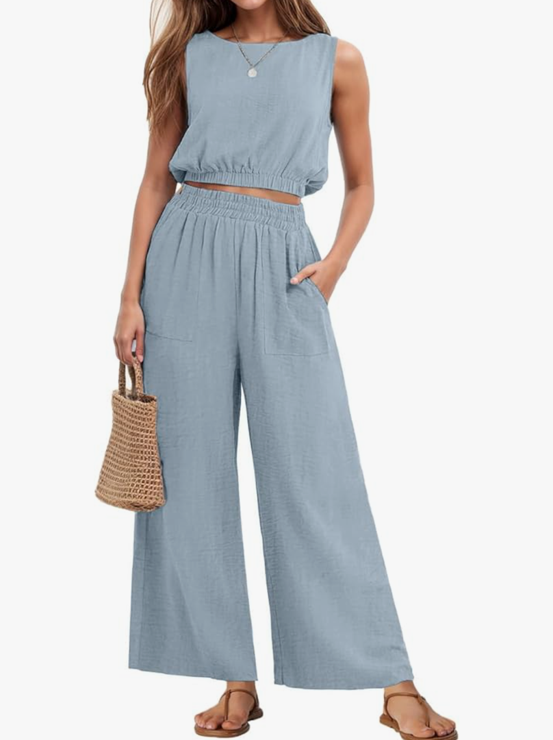 GRECERELLE Two Piece Sets for Women Sleeveless Crop Top Wide Leg Pants Sweat Set for Women Tracksuits 2026 Summer, Large