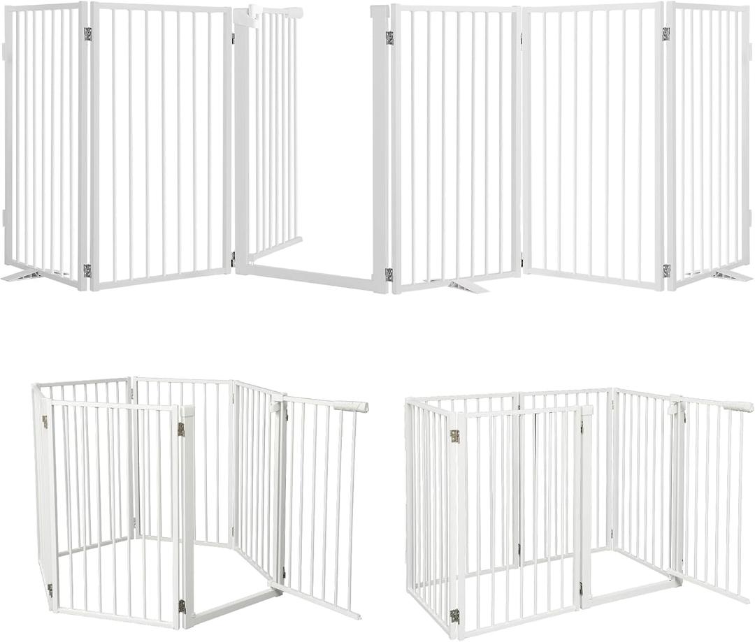 Snagle Paw Full Metal Freestanding Dog Gate with Door, 120 W x 32 H Pet Gate with Support Feet for Doorways, Stairs and Hallways, Portable Dog Fence for Indoor Use(32" 6 Panel, White)
