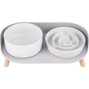 Elevated Slow Feeder Dog Bowls - Ceramic Food and Water Bowl Set with Stand - Raised Pet Dishes for Small and Medium Sized Dogs, Grey