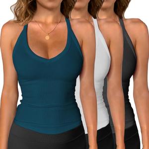 iGENJUN 3 Pack Workout Tops for Women Racerback Basic Tank Summer 2025 Camisole V Neck Slim Fit Ribbed Sleeveless (Large, Black White Teal)