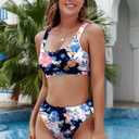 Pink Queen Women High Waisted Bikini Sporty Crop Top High Cut Bathing Suit Sporty 2 Piece Swimsuits Floral Navy 2XL