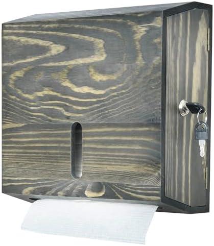 MyGift Wall Mounted Bathroom Paper Towel Dispenser, Vintage Weathered Gray Solid Wood Folded Napkin Holder, Lockable C-Fold Paper Towels