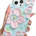 KERZZIL Elegent Girly 3D Flower Compatible with iPhone 14 Pro Rectangle Edge Case, Cute Floral Pattern Slim Soft TPU Protective Bumper Cases Cover(Blue,14 Pro)