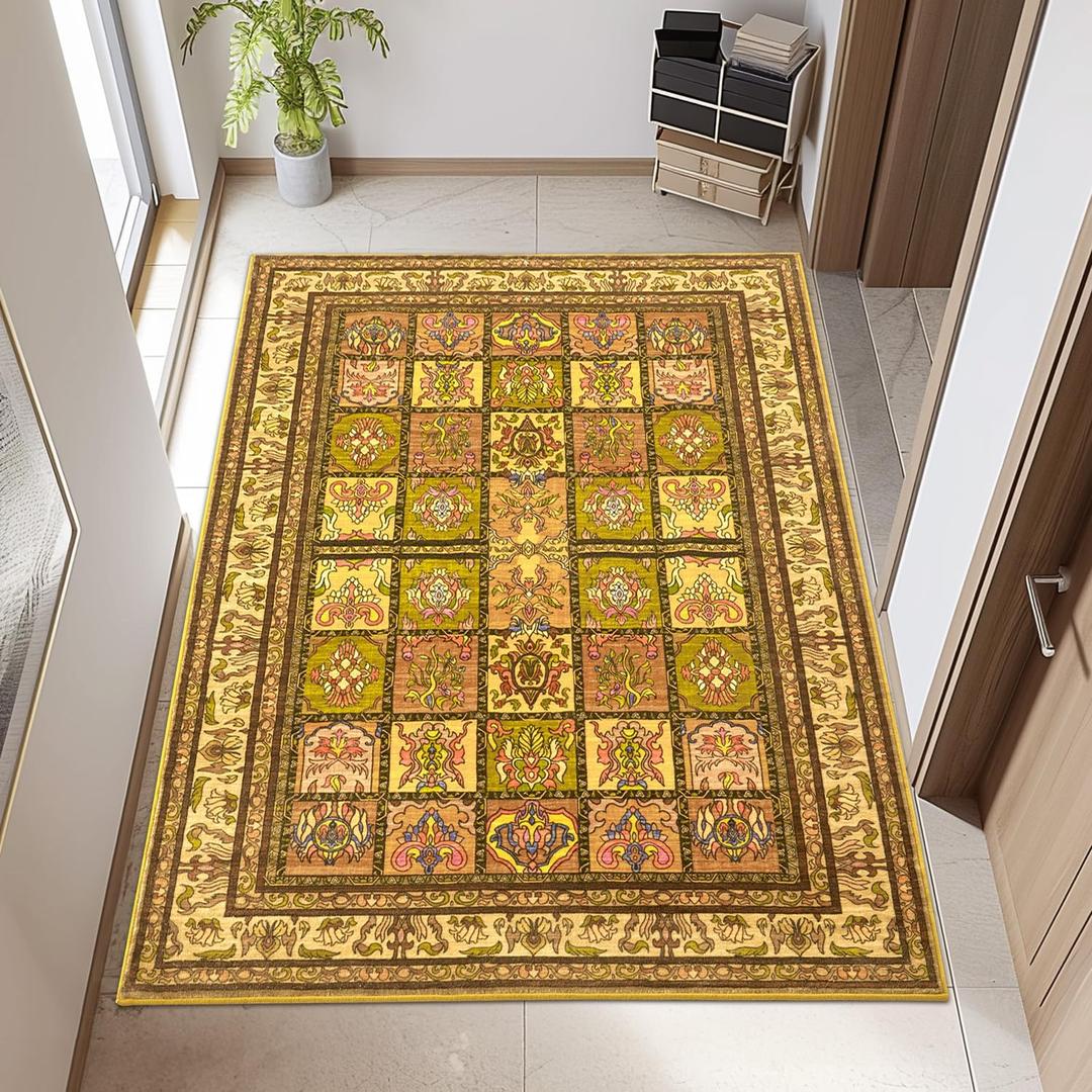 Washable Area Rug - 3'x5' Boho Bedroom Rug Indoor, Non-Slip Low-Pile Rugs for Living Room Bathroom Kitchen Front Door, Entry Throw Carpet Stain Resistance (Yellow, 3x5ft)