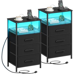 Night Stand Set 2 with Charging Station, 3 Drawer Nightstands with LED Lights, End Table with Outlets and USB Ports, Side Table with Open Shelf, Bedside Tables for Bedroom, Black