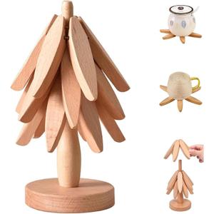 Premium Wooden Trivets Set of 3 - Auto Unfold Tree Design Hot Pot Holders & Countertop Protectors | Walnut Wood (Beech)