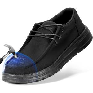Furuian Steel Toe Shoes for Men Low-top Safety Work Shoes for Men Lightweight Steel Toe Sneakers Comfortable Canvas Work Loafers Zapatos De Trabajo para Hombres (8.5, All Black)