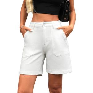 ELLEVEN Womens Denim Bermuda Shorts Elastic Waist, Stretchy Jean Trendy Summer Long Jorts with Big Pockets (Small)