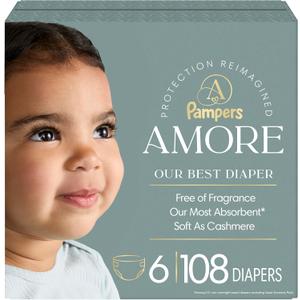 Pampers Amore, Size 6 (23-44 lbs), 108 Count, Our Best Diaper – Hypoallergenic & Fragrance Free, Up to 100% Leakproof, Soft as Cashmere