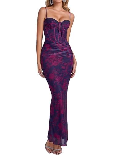 KUTUMAI Vintage Lace Corset Floral Maxi Long Dress Bodycon Ruched Tie Formal Wedding Guest Dresses for Women Elegant PurpleFloral M