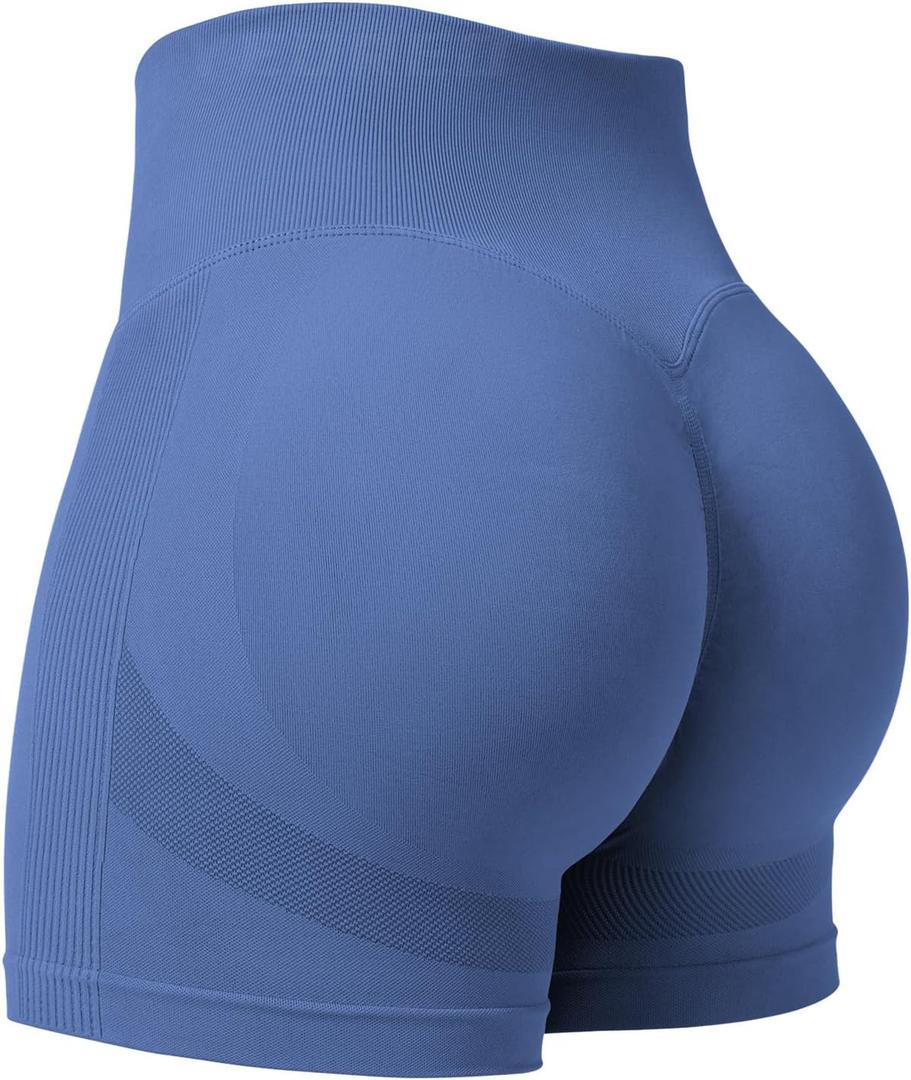 YEOREO Women Workout Scrunch Shorts Seamless V Cross Waist Shorts Wendy High Waisted Contour Gym Yoga Biker Shorts (Medium, Grey Blue)