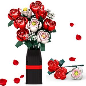 Flower Bouquet Building Set, Artificial Roses Toy Building Set with Vase, Building Blocks Flower Brick Toys for Home Office Decoration, Ideal Gift for Mom, Girlfriend and Kids, 841 PCS