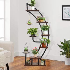 VIVOHOME 6 Tier 9 Potted Steel-Wood Plant Stand with Hanger, Curved Flower Pot Holder Shelf for Indoor, Rustic Brown