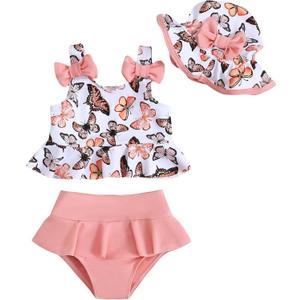 Mioglrie Baby Infant Swimsuit Girl Toddler Bathing Suit Girl Summer Beach Bikini Tankini Swimwear Hat 3-24 Months 2t-5t (6-12 Months, Pink Butterfly)