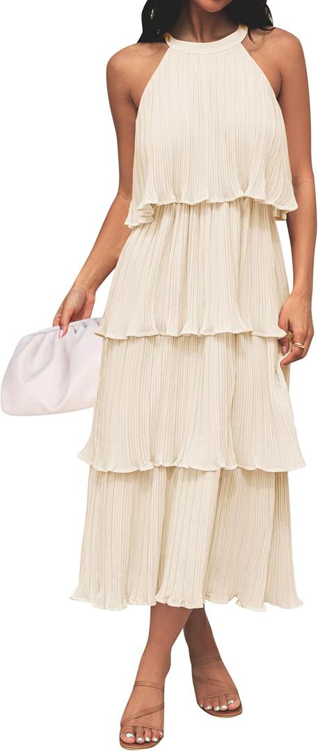 ZESICA Women's 2025 Summer Sleeveless Halter Neck Ruffle Tiered Layed Chiffon Flowy Swing Long Midi Dress (Apricot)