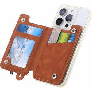 for Magsafe Wallet,Magnetic Card Holder for MagSafe Phones and Cases,Strong Magnet Wallet for iPhone,RFID Blocking Phone Wallets Hold 3 Cards,Strap Stand,Brown
