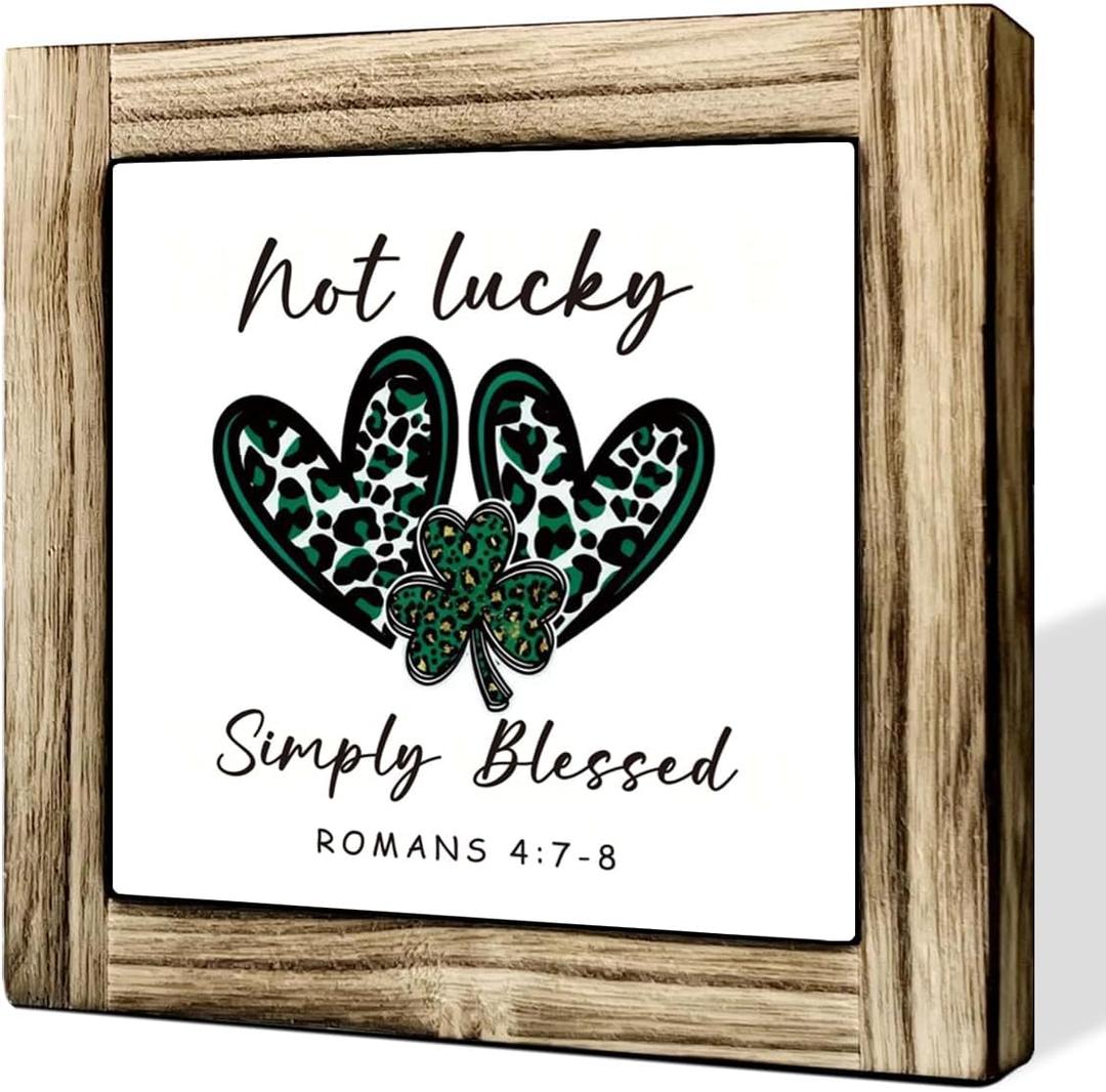 Shamrocks Heart Sign, Not Lucky Simply Blessed Sign, Christian St. Patrick's Day Decor, Farmhouse Shamrock Blocks Signs Gifts, Irish Themed Centerpiece Decorations for Home Decor