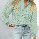 PRETTYGARDEN Women's Dressy Casual Blouse Tops Fall Spring Puff Long Sleeve Button V Neck Hollow Out Lace Embroidered Shirts (S)