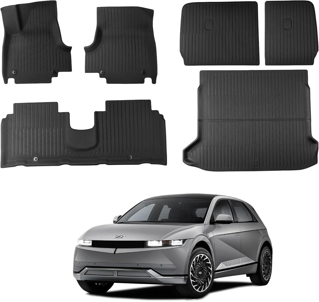 Ecarzo Floor Mats Compatible with Hyundai Ioniq5 Limited 2025-2021 Accessories All-Weather Front Rear Cargo Liner Full Set Heavy Duty Trunk Protection Backrest Mats Slide Console Version (6 PCS) (2021-2025 Hyundai IONIQ 5)