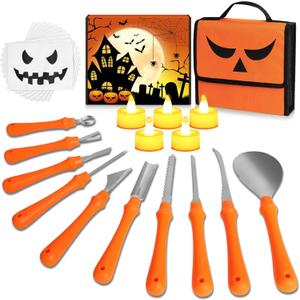 25PCS Halloween Pumpkin Carving Kit, Professional Heavy Duty Stainless Steel Tools, Pumpkin Carving Tool Set with Stencils for Adult, Pumpkin Cutting Knife Supplies for Halloween Decoration