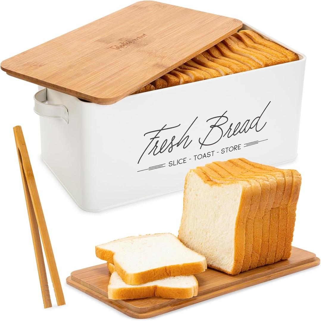 Talented Kitchen Countertop Bread Box - White Metal, Airtight Storage Container with Wood Cutting Board Lid & Side Handles - Wood Tongs Included - Bread Storage Container for Kitchen Organization