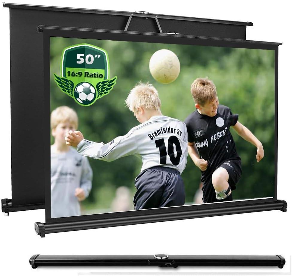 50 Inch Projector Screen Pull Down, 16:9 Projector Screen Retractable Tabletop Screen Tripod Stand for Home Theater Meeting Room, School Indoor Outdoor Ceiling Wall Mount Upgrade