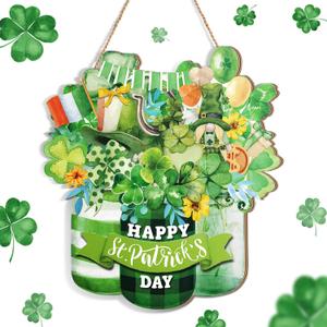 2 x Glenmal St. Patrick's Day Outdoor Decorations Happy Patrick's Day Door Sign Wooden Irish Door Hanger Classic Green Shamrock Wooden Sign for Farmhouse Porch Front Door Outdoor Home Decor
