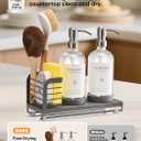 Kitchen Soap Dispenser Set with Drying Tray 16oz Glass Bottles with Stainless Steel Pumps, Sink Organizer Caddy with Brush Holder & Non-Slip Feet All-in-One Dish & Hand Soap Station