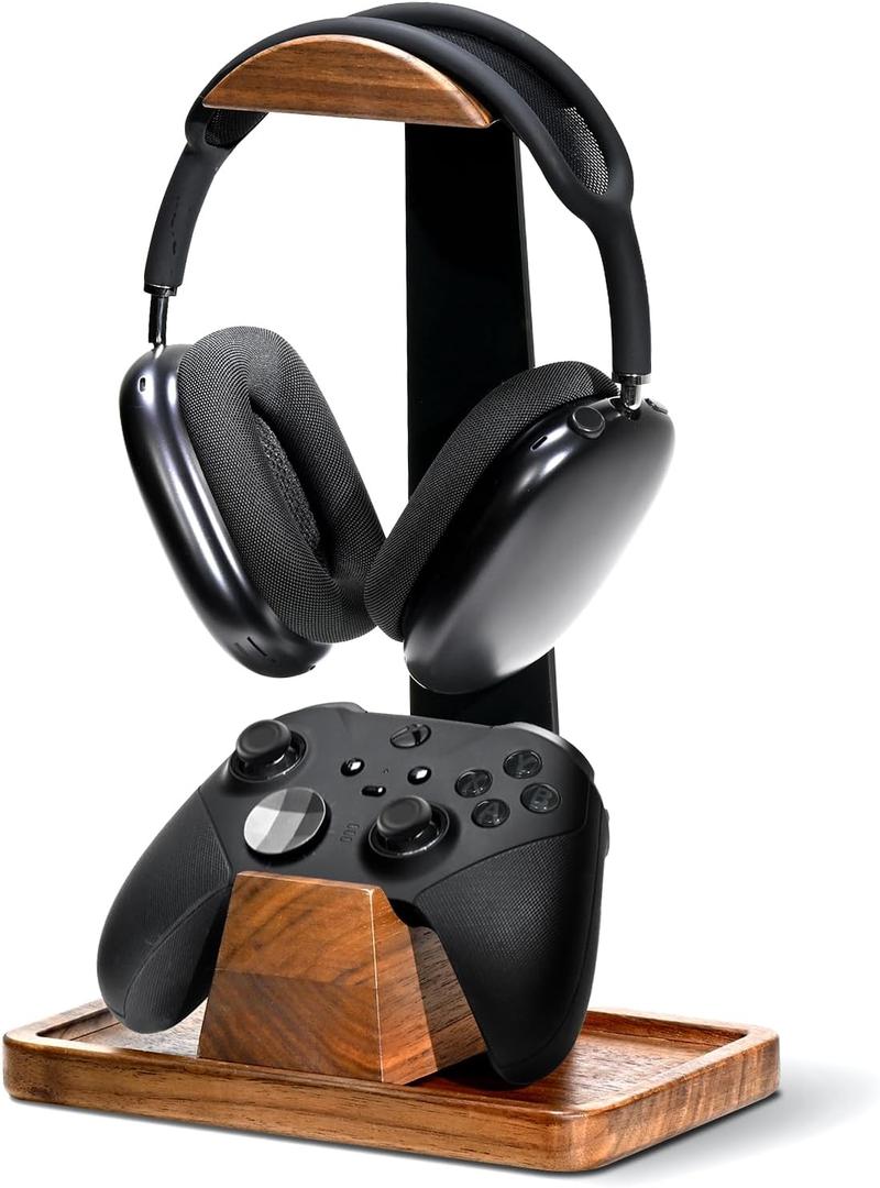 UPERGO Headset Stand with Gaming Controller Holder, Walnut Wood Headphone Stand with Storage Base, Gaming Equipment Accessories for Desk