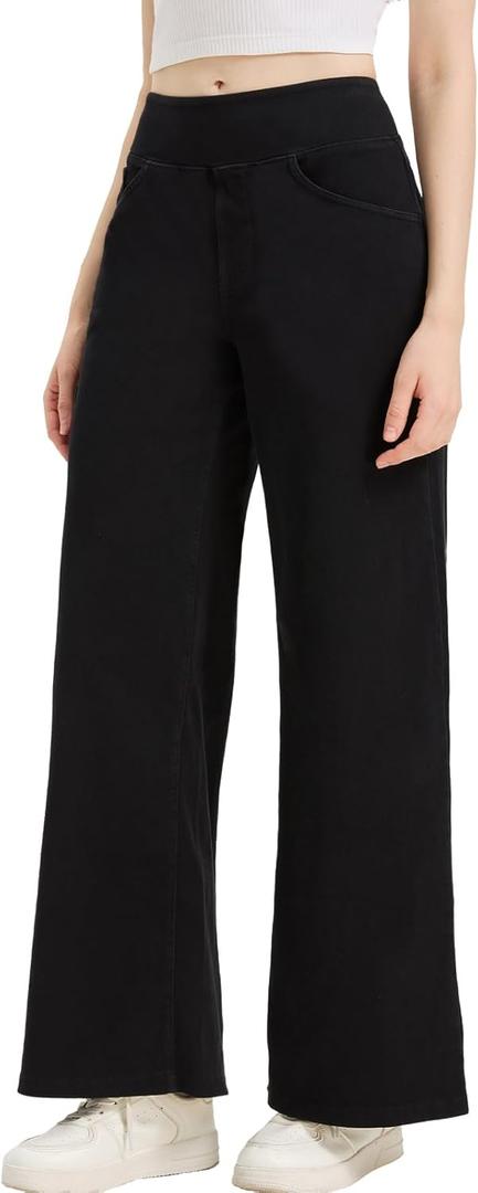 Women's Wide Leg Denim Pants High Waisted Stretchy Comfortable Tummy Control Jeans with Pockets (Large, Black)