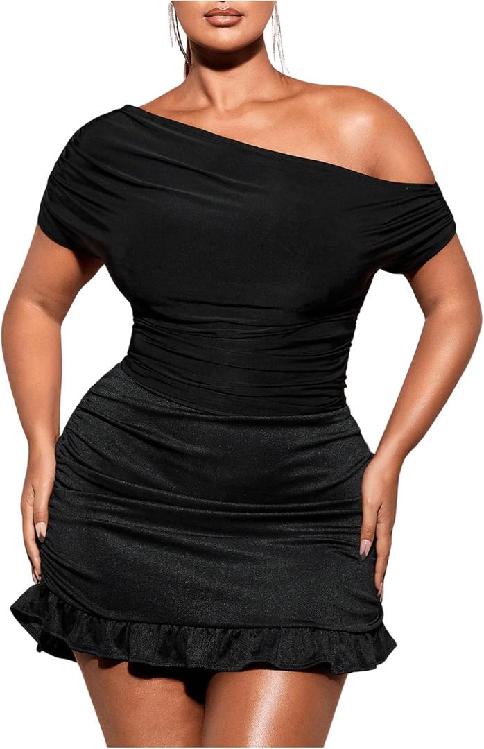 WDIRARA Women's Plus Size Off Shoulder Tee Shirt Ruched Asymmetrical Short Sleeve Tops (XX-Large Plus)